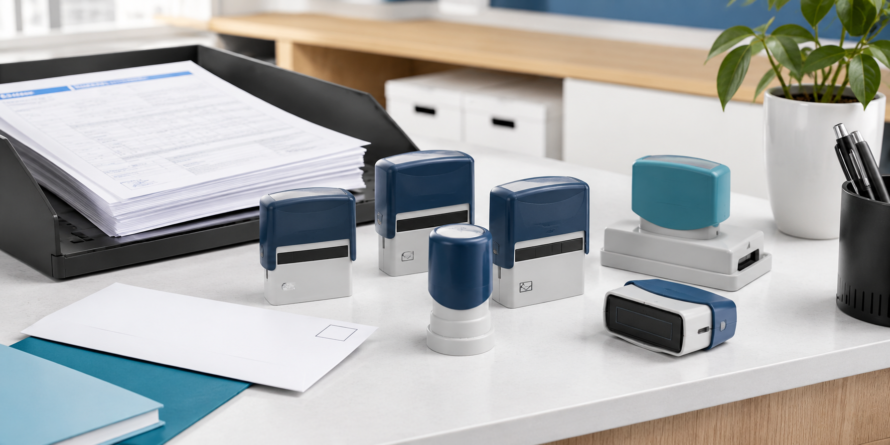 Rubber stamps and self-inking office stamps arranged on a tidy admin desk with paperwork.
