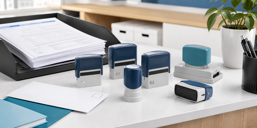 Rubber stamps and self-inking office stamps arranged on a tidy admin desk with paperwork.