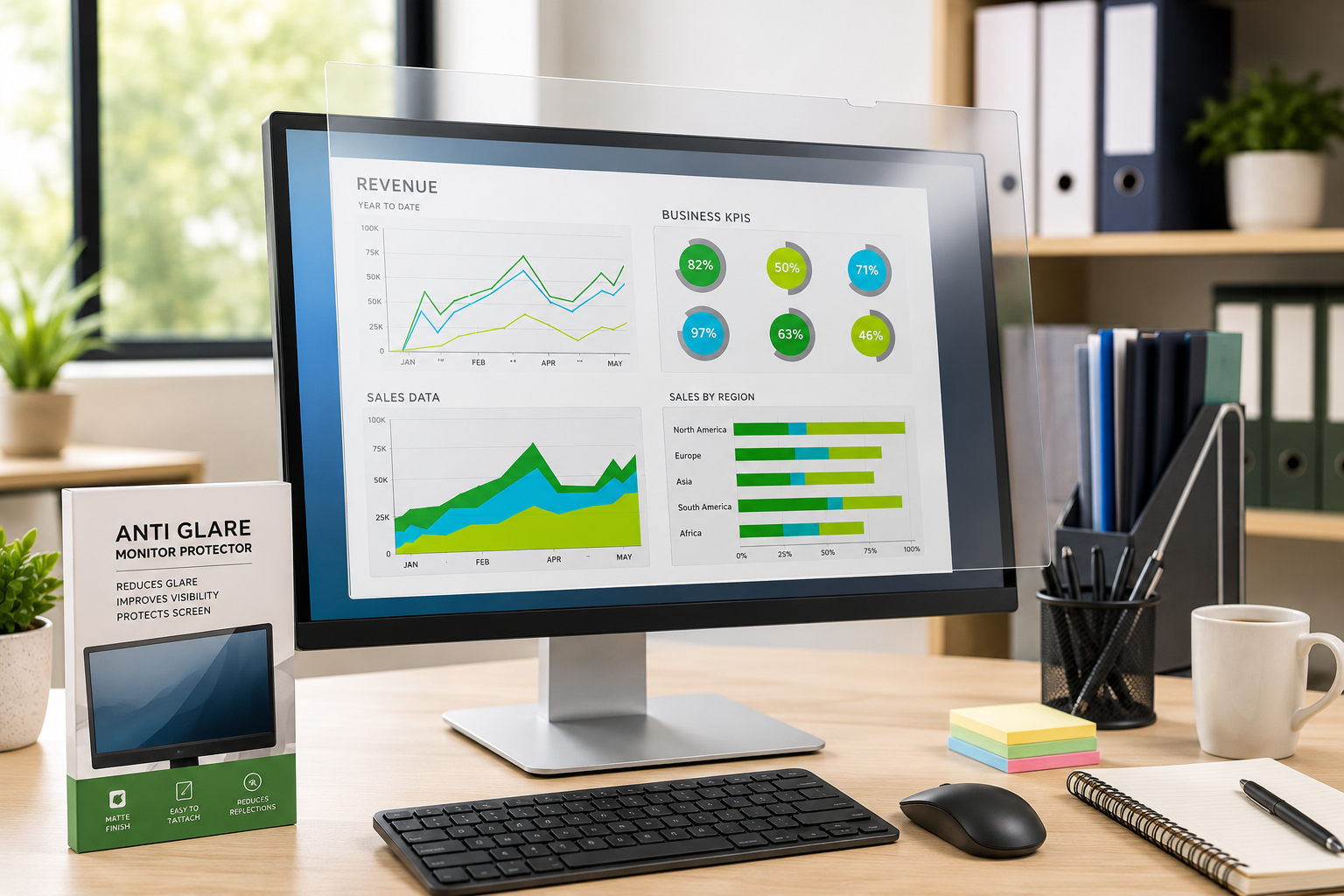Anti glare monitor protector fitted to a desktop screen in a bright office workstation with keyboard, mouse, stationery and filing supplies.