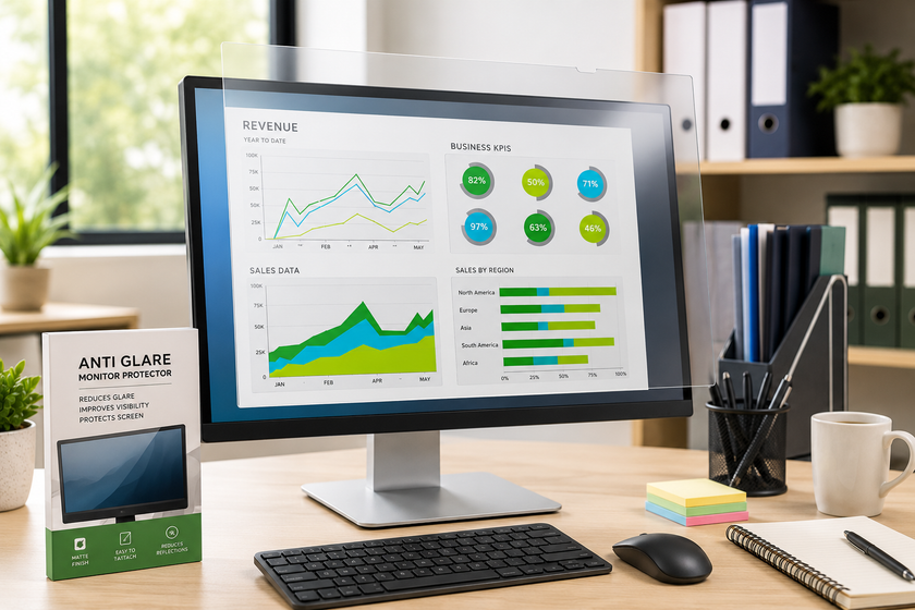 Anti glare monitor protector fitted to a desktop screen in a bright office workstation with keyboard, mouse, stationery and filing supplies.