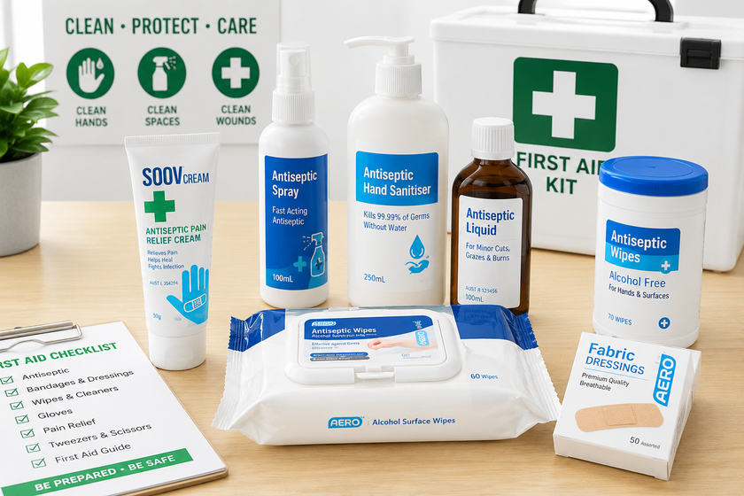 Antiseptics displayed in a bright first aid setup with wipes, cream, sanitiser and workplace hygiene supplies.