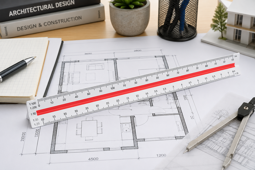 Measuring scale ruler on architectural plans with drafting tools in a bright design workspace.