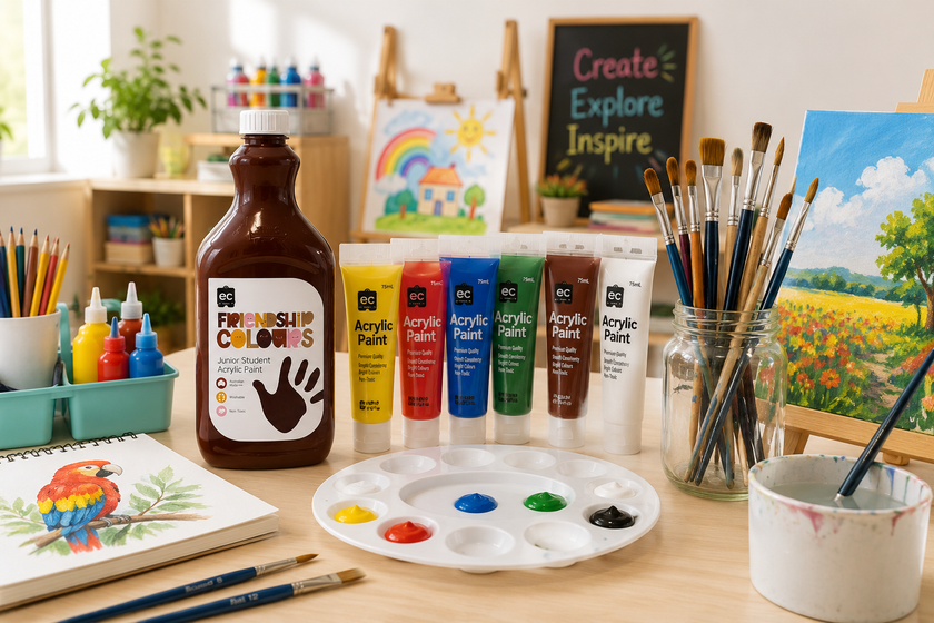 Painting supplies arranged on a bright classroom art table with acrylic paints, brushes and palettes for creative projects.