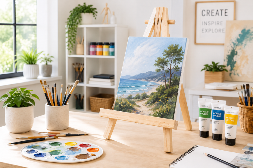 Wooden artist easel displaying a canvas in a bright art studio with paints, brushes and creative workspace accessories.