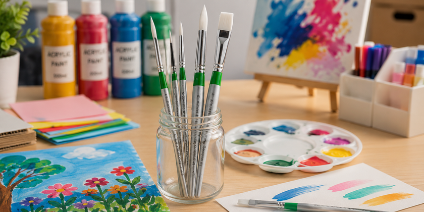 Craft paint brushes arranged in a jar on an art studio table with paints, palette, coloured paper and student artwork for school and hobby painting.