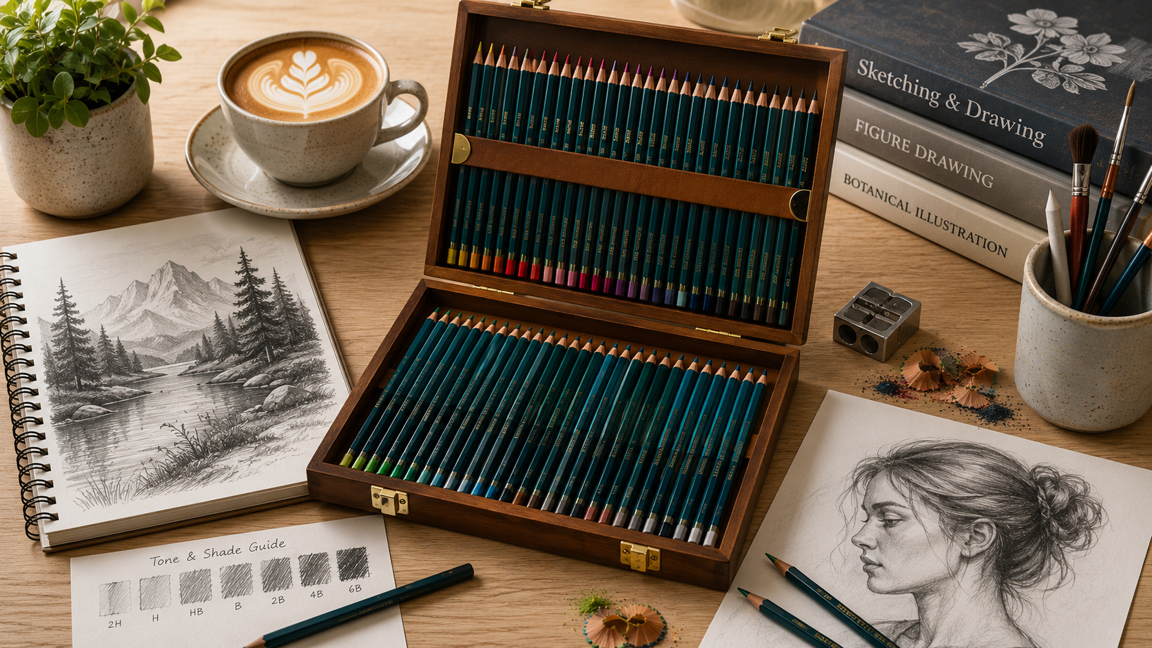 Artist pencils in a wooden case on a bright studio desk with sketchbooks, drawing tools, artwork and latte art coffee.