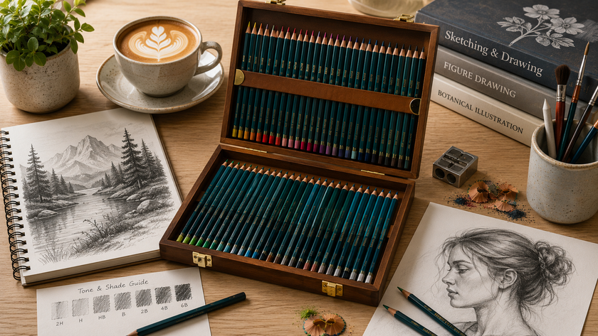 Artist pencils in a wooden case on a bright studio desk with sketchbooks, drawing tools, artwork and latte art coffee.