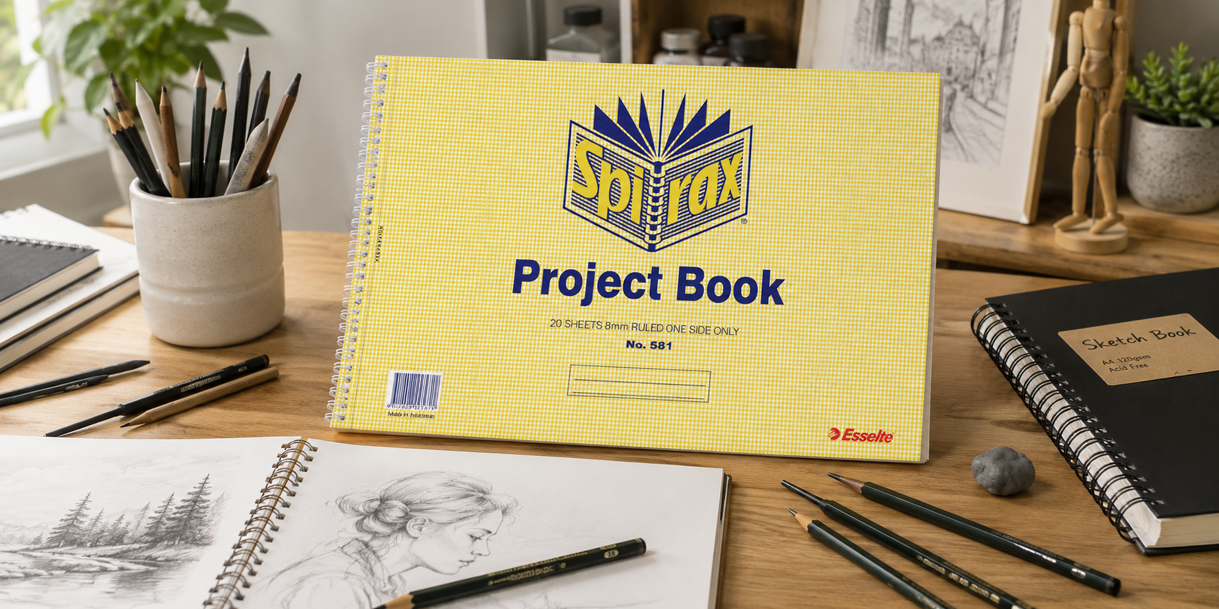 Drawing sketch books arranged on a bright artist workspace with pencils, sketches and creative practice supplies.