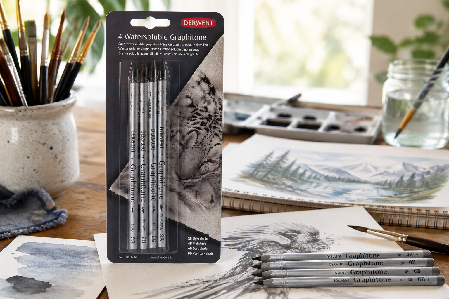 Water soluble graphite pencils in a bright artist workspace with sketchbook drawings, brushes and blending supplies.
