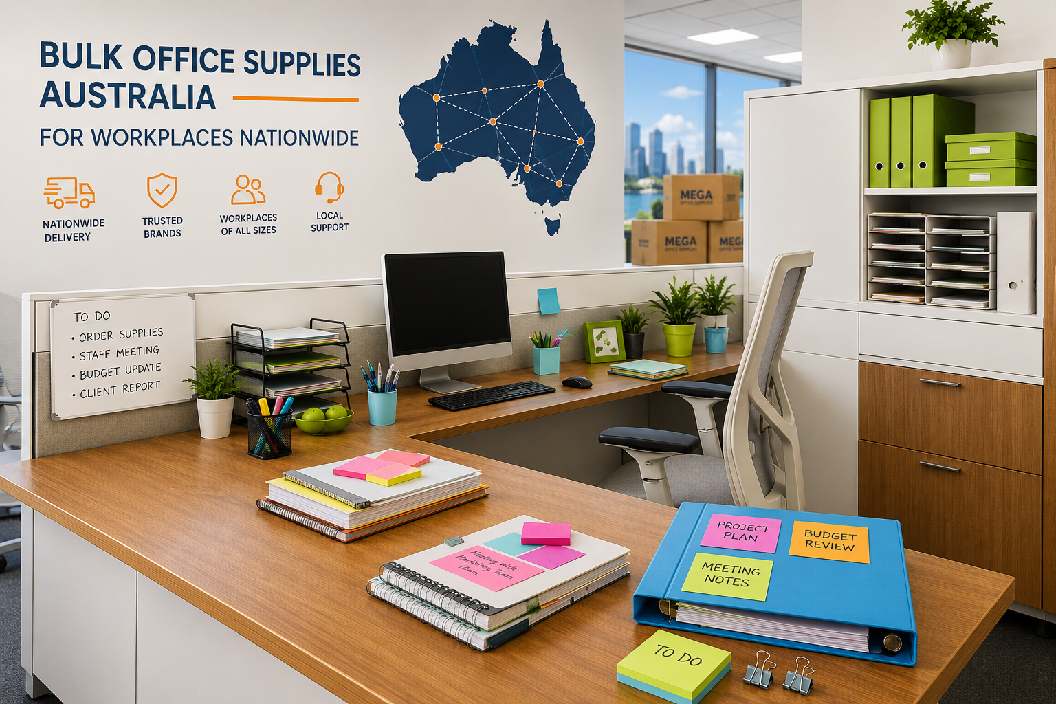 Bulk office supplies arranged across a modern workplace with folders, notebooks, sticky notes and desk accessories, shown with an Australia nationwide supply background.