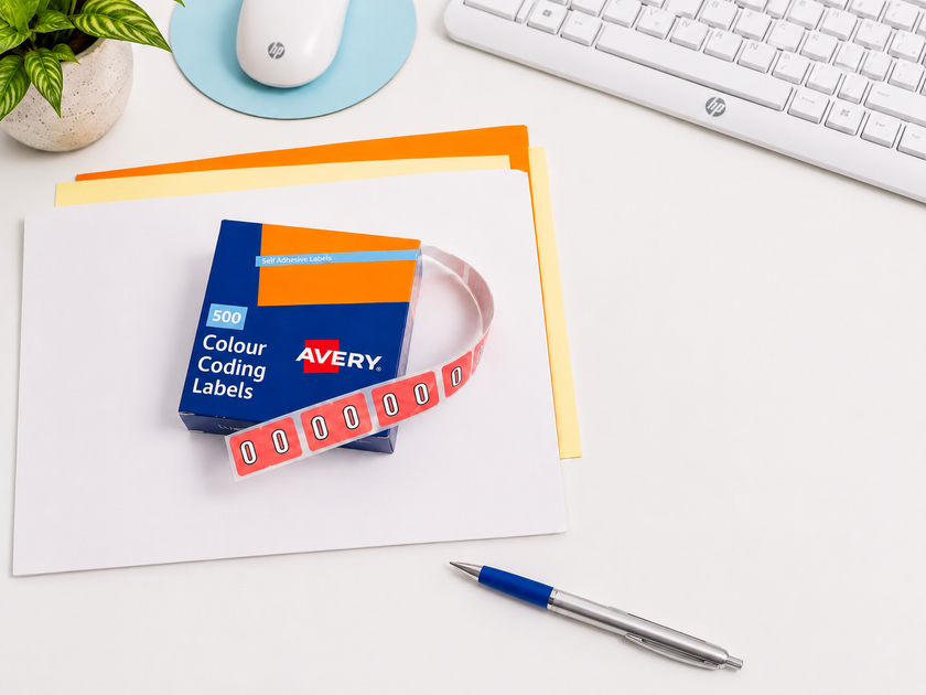 Avery colour coding lateral filing labels displayed on office folders in a bright, organised desktop workspace.