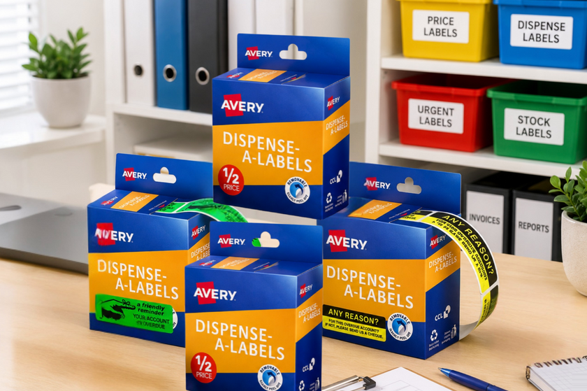 Avery dispense a labels displayed on a bright office stockroom counter with label rolls, dispenser, storage bins and office organisation supplies.