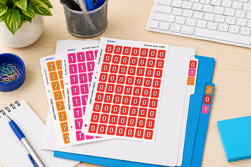 Avery numbered lateral filing labels arranged on office folders in a bright, organised desktop workspace.