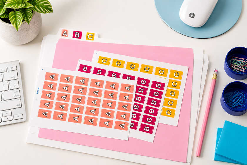 Avery lateral filing top tab labels arranged on colour-coded folders in a bright, organised office workspace.
