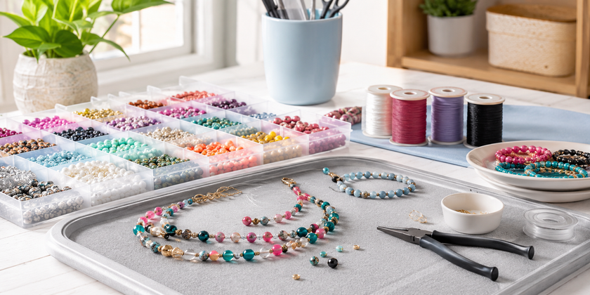 Beading supplies arranged on a workshop craft table with sorted bead containers, jewellery tools, thread spools and handmade bracelets in a bright creative workspace.