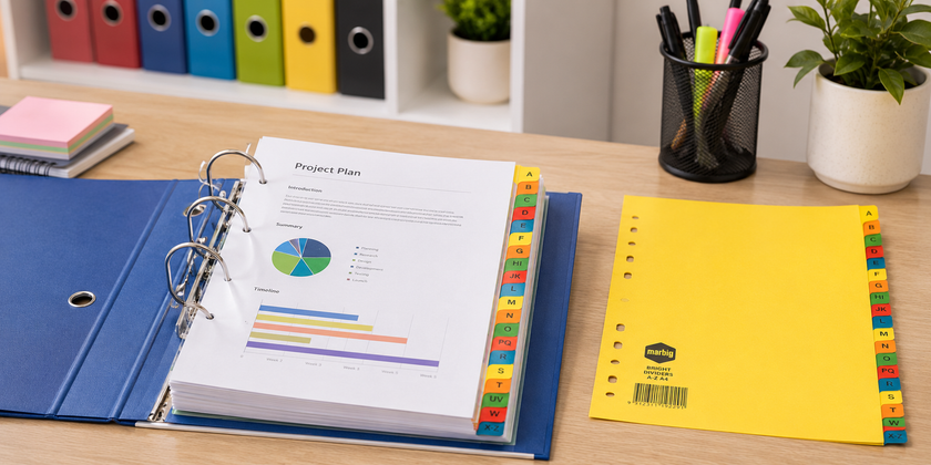 Binder dividers arranged in an open office folder with project documents, colourful tabs and stationery on a tidy workspace desk.