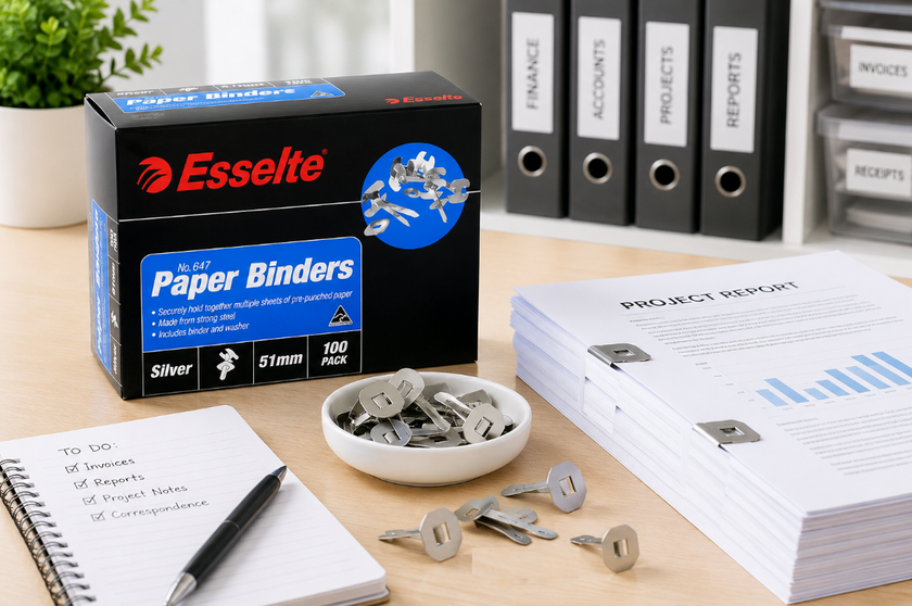 Esselte binder paper clips displayed on a bright office desk with clipped project reports, loose clips and office filing supplies.