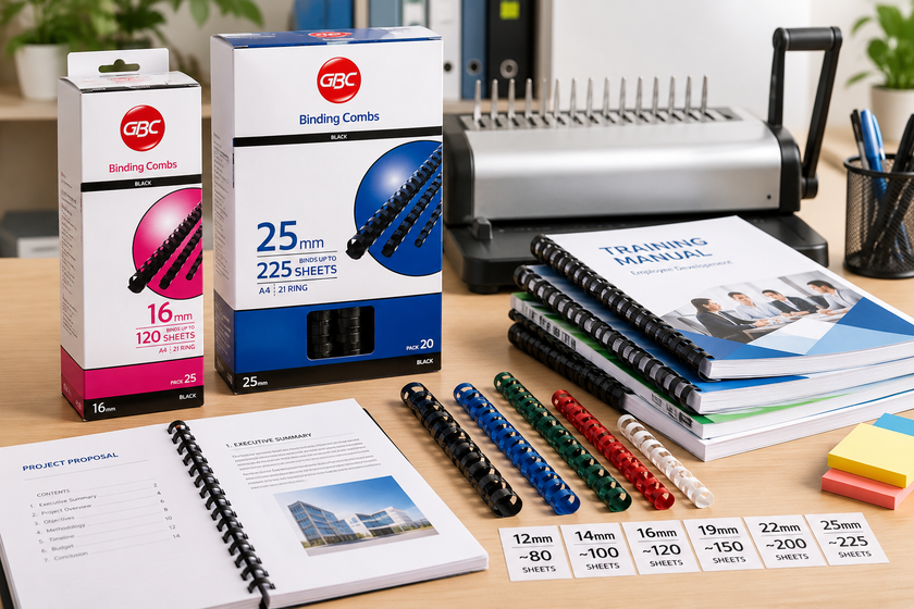 Binding combs displayed on an office document finishing workstation with comb binding boxes, a binding machine and professionally bound reports.