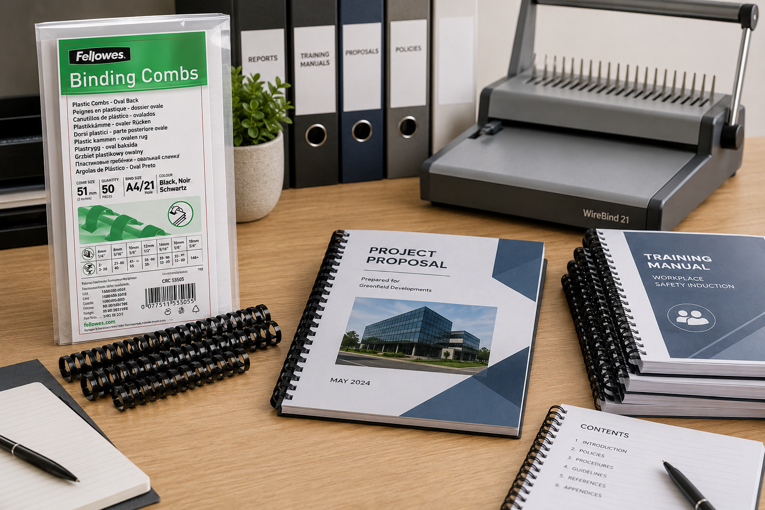 Binding combs arranged on a professional print room desk with comb binding machine, finished manuals and proposal documents.