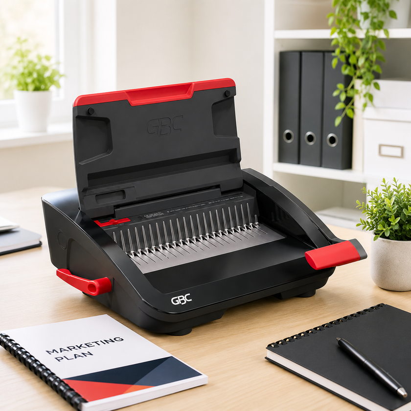 Binding machine on a bright modern office desk with bound documents, notebook and workspace accessories.