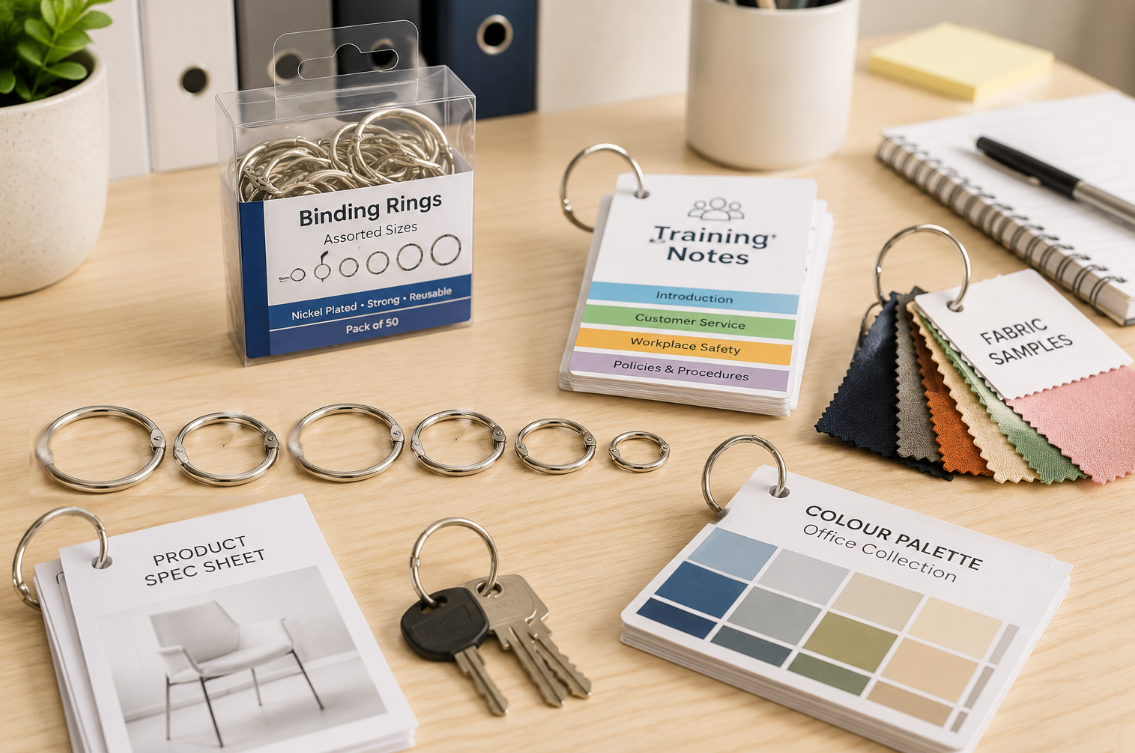 Binding rings arranged on a bright office desk with training notes, sample cards, colour swatches and organised project materials.