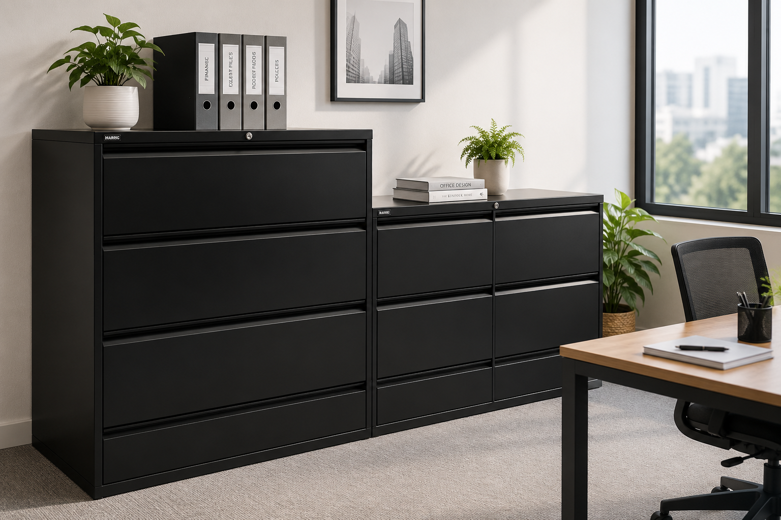 Black lateral filing cabinets arranged in a bright modern office for organised document and record storage.