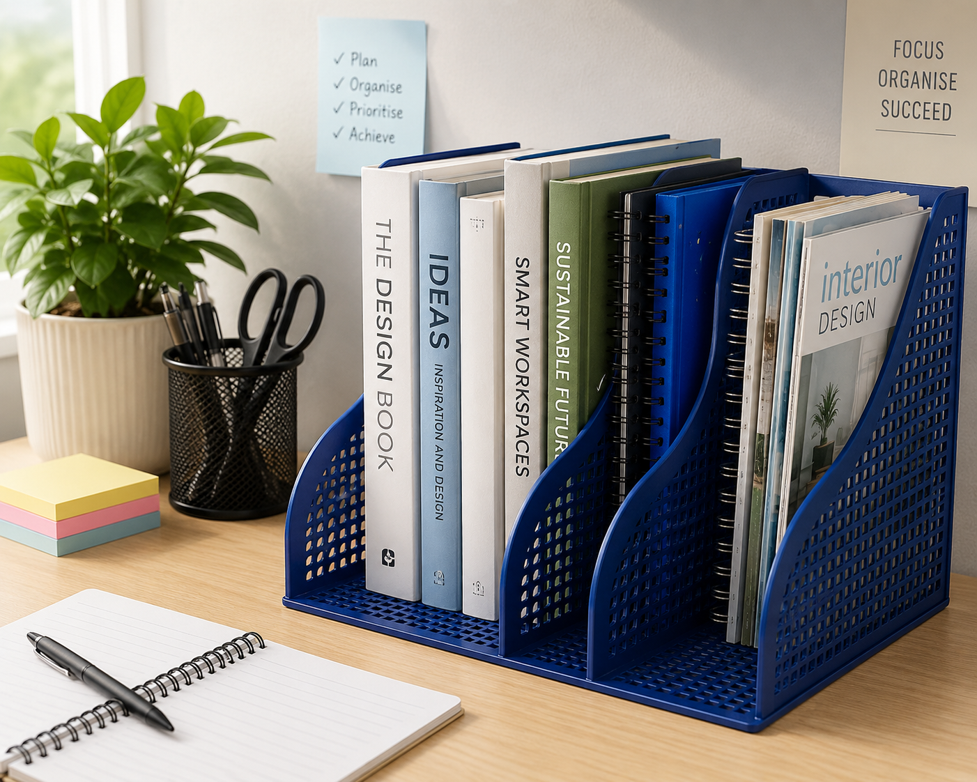 Blue book rack on a tidy office desk with books, folders, magazines and stationery for organised workspace storage.