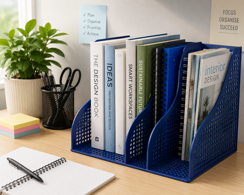 Blue book rack on a tidy office desk with books, folders, magazines and stationery for organised workspace storage.
