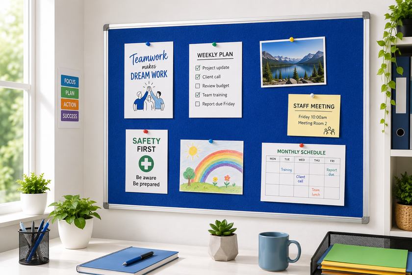 Blue pinboard mounted in a bright office workspace with pinned notices, schedules, safety reminders and planning sheets.