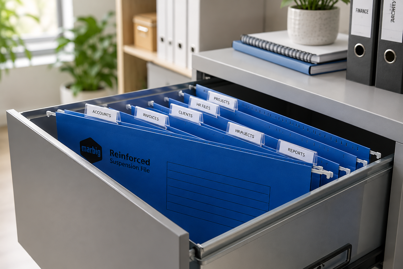 Blue suspension files organised in an open filing cabinet drawer in a bright modern office.