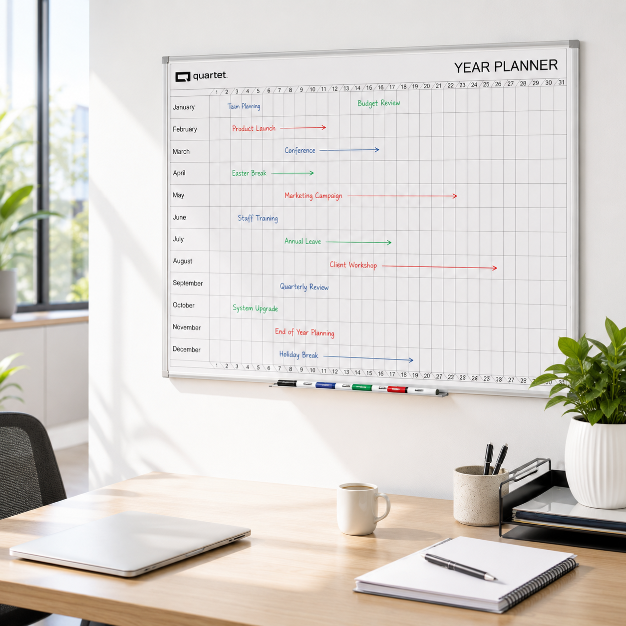 ear planner board mounted on a bright modern office wall above a tidy desk with markers, laptop, notebook and plants.