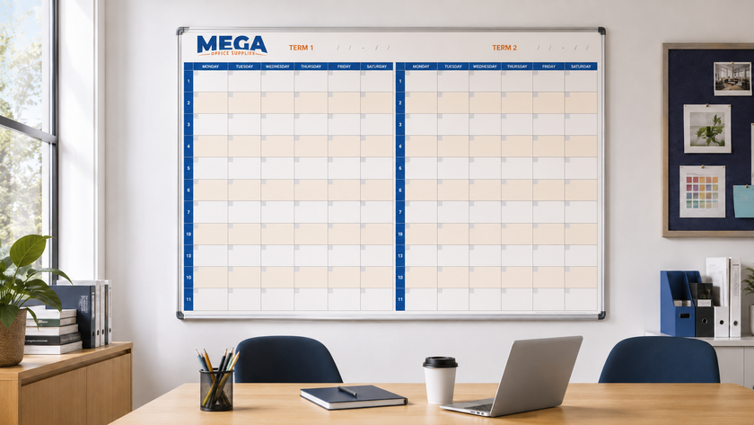 Mega Office Supplies term planner whiteboard displayed in a bright modern office meeting room.