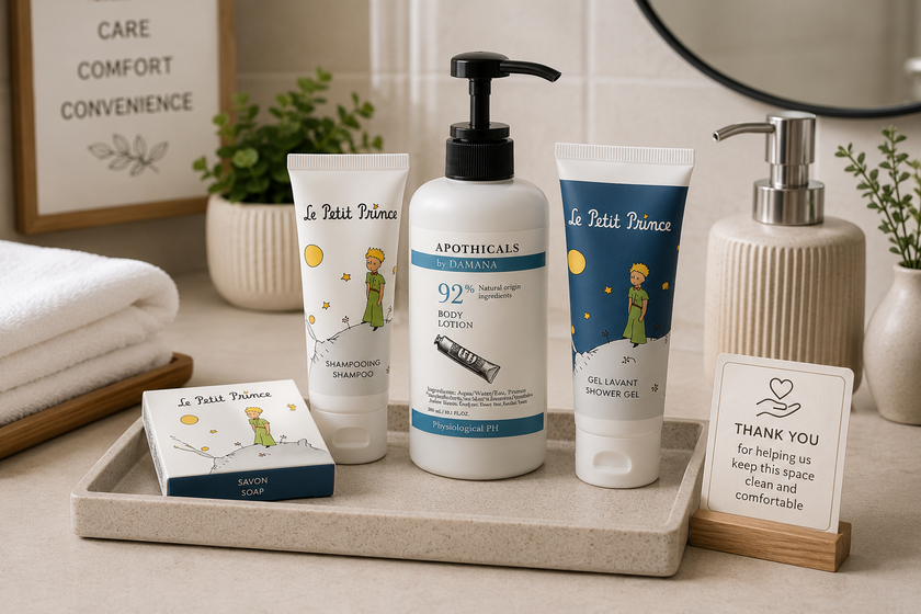 Body care products arranged on a clean bathroom vanity with shampoo, shower gel, body lotion, soap, towels and guest hygiene supplies.