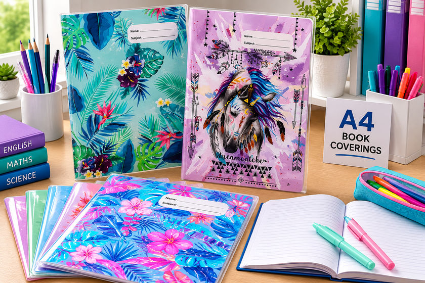 A4 book coverings arranged on a bright study desk with decorative protected books, labels and school stationery.