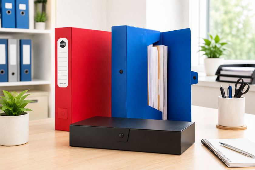 Box files arranged on a bright office desk with stored documents, filing shelves, stationery and organised workplace storage.