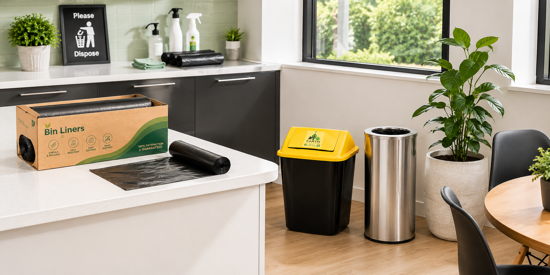 Bin liners displayed in a bright office breakroom with rubbish bins placed on the floor for clean and efficient waste disposal.