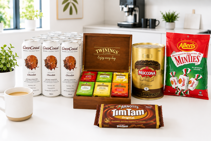 Coconut water, Twinings tea, Moccona coffee, Tim Tams and Minties arranged on a bright white counter in a modern workplace kitchen.