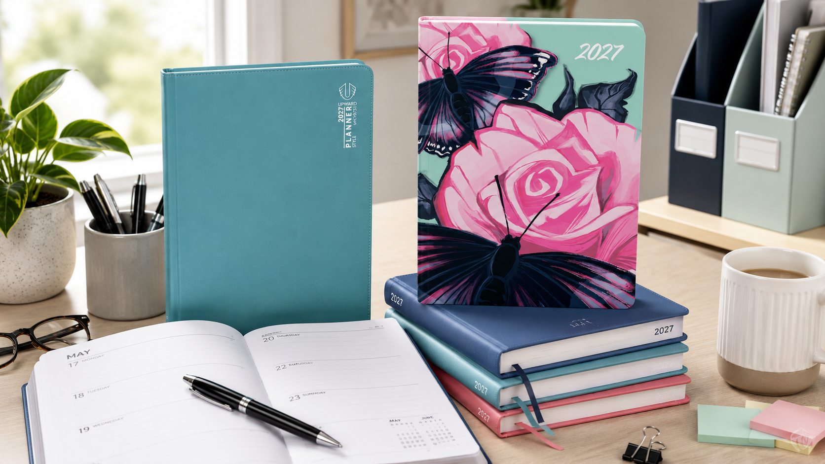 2027 diaries, planners and dated refills arranged on a bright office desk for yearly organisation.