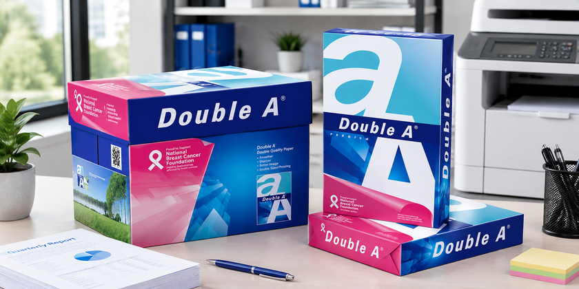 A4 white copy paper cartons and reams arranged beside an office printer in a bright modern workspace.