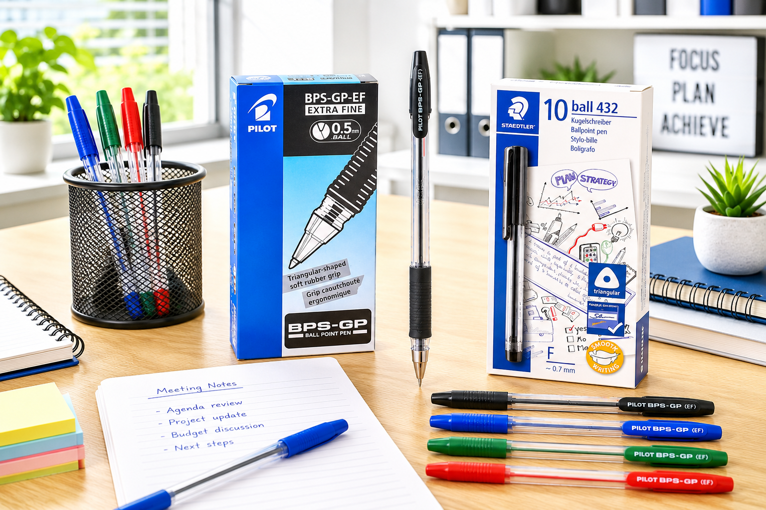 Capped pens displayed with notebooks and pen boxes on a bright modern office desk for everyday writing and note taking.