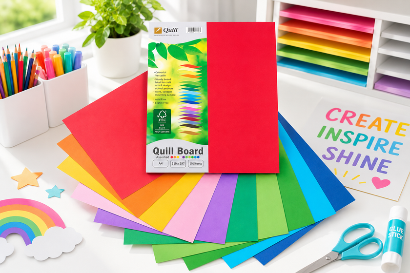 Colour cardboards displayed on a bright fresh craft workspace with scissors, glue, pencils and creative paper projects.