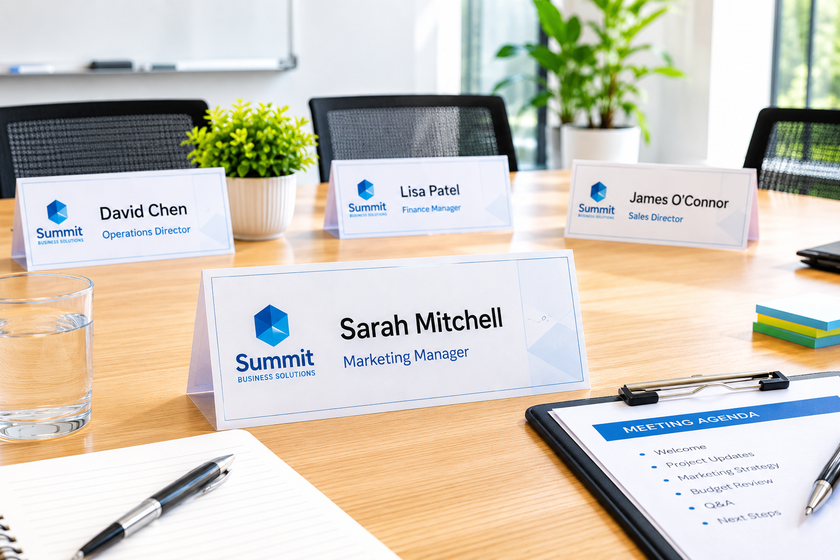 Desk name plates displayed on a bright modern conference table with meeting agenda, stationery and office seating.