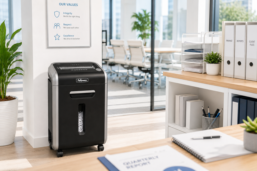 Cross cut paper shredder in a bright corporate office with natural light, filing shelves, desk stationery and glass meeting room background.