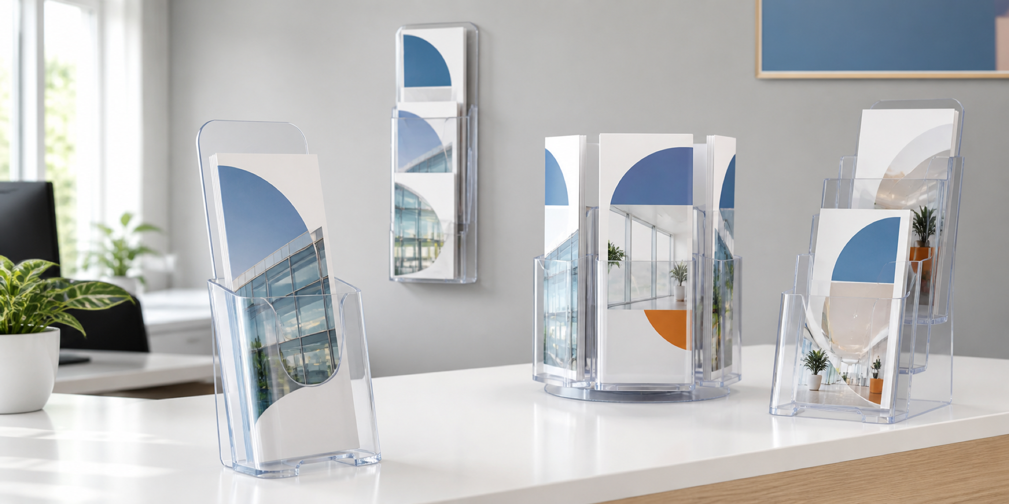 lear DL brochure holders in counter, wall-mounted, rotating and tiered styles in a bright modern office.