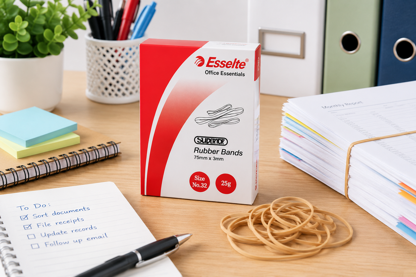 Esselte 25G rubber bands on a bright office desk with bundled documents, stationery, notebooks and organised filing supplies.