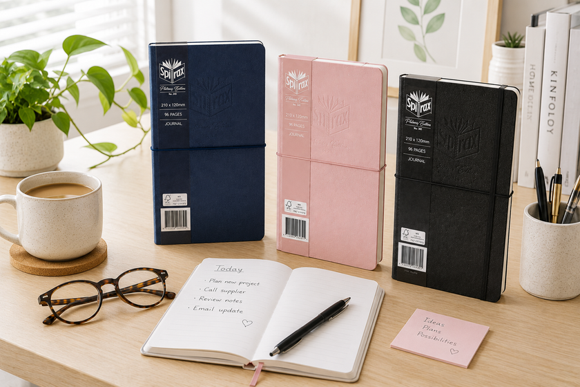 Spirax journals arranged on a bright writing desk with an open notebook, pen, coffee mug and calm planning accessories.