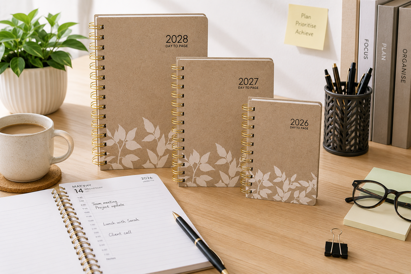 Spiral day to page diaries for 2026, 2027 and 2028 on a bright office desk with an open planner, pen and organised desk accessories.