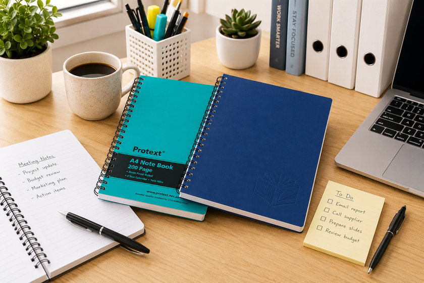 Twin wire notebooks on a bright office desk with meeting notes, task list, laptop, coffee and organised stationery.