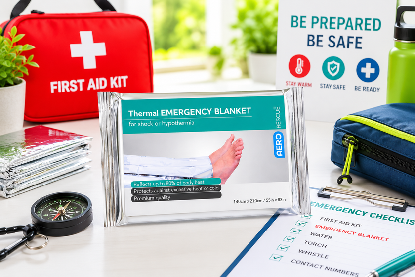 Emergency blanket displayed in a bright modern first aid setup with kit, checklist and emergency supplies for heat retention.
