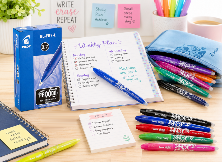 Erasable gel pens arranged with notebooks, study notes and a pencil case on a bright desk for neat, correctable writing.